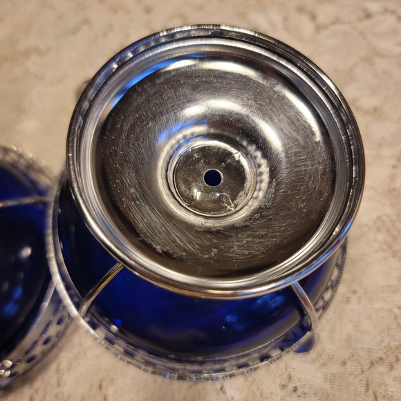 VTG Cobalt Blue Chromium Plated Sugar & Creamer with Glass Insert & Spoon - Picture 8 of 11